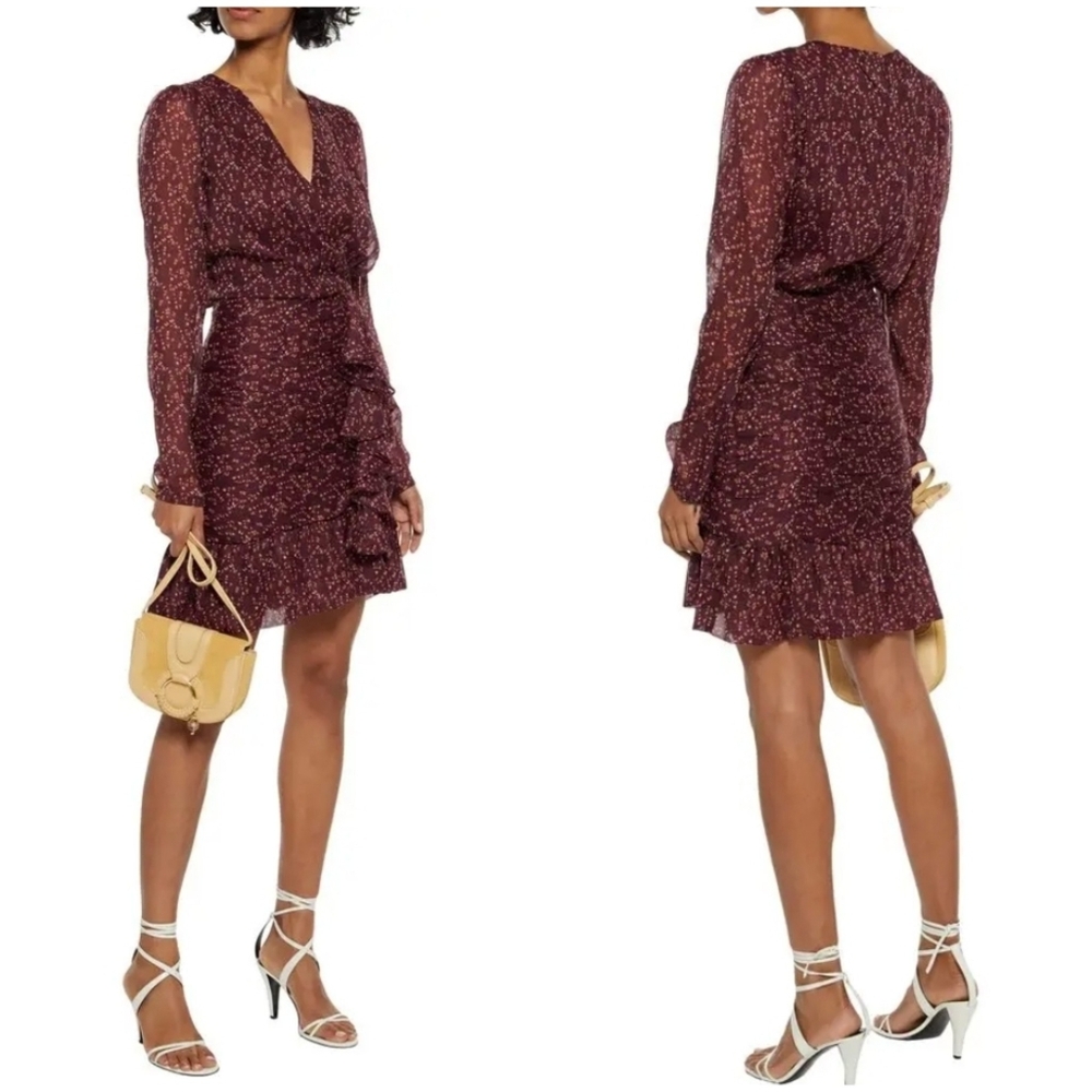 Walter Baker Ruffle Faux Wrap Dress Burgundy Gold Rose Floral Ruched Size 6